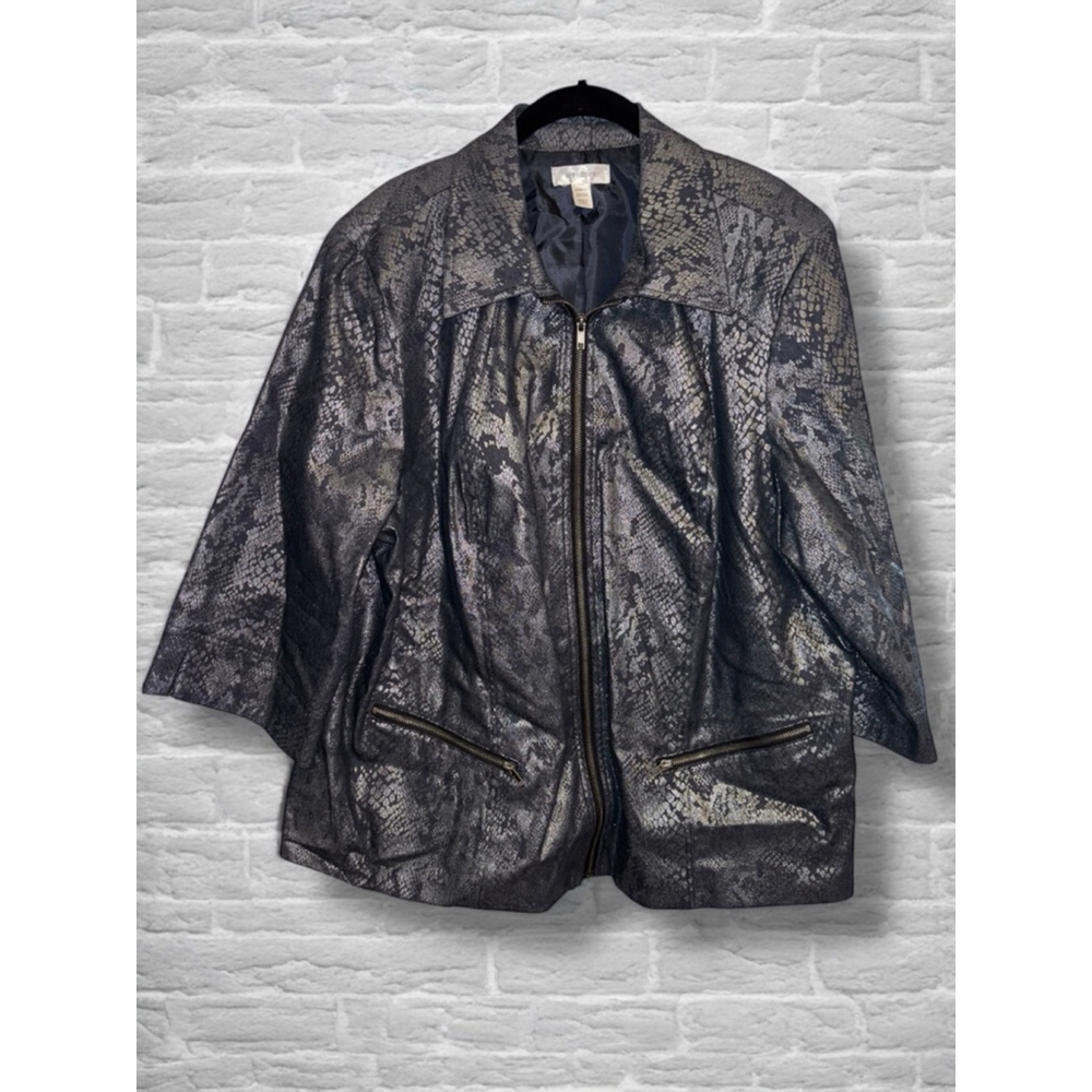 Dressbarn Women's 22/24 Black Metallic Snake Print Full Zip Casual Lined Jacket